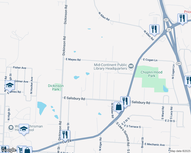 map of restaurants, bars, coffee shops, grocery stores, and more near 1804 North Rogers Street in Independence