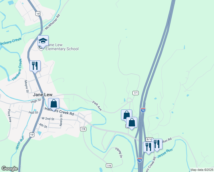map of restaurants, bars, coffee shops, grocery stores, and more near North Ridge Drive in Jane Lew