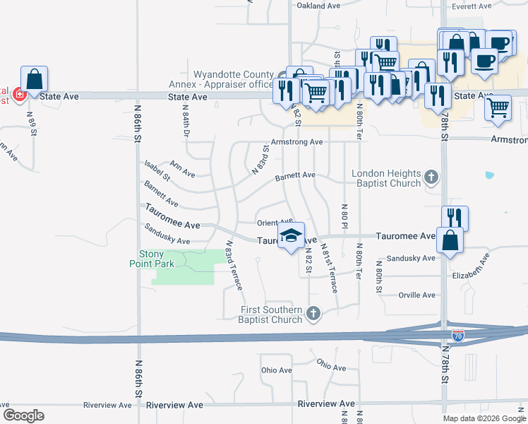 map of restaurants, bars, coffee shops, grocery stores, and more near 8305 Hunter Drive in Kansas City