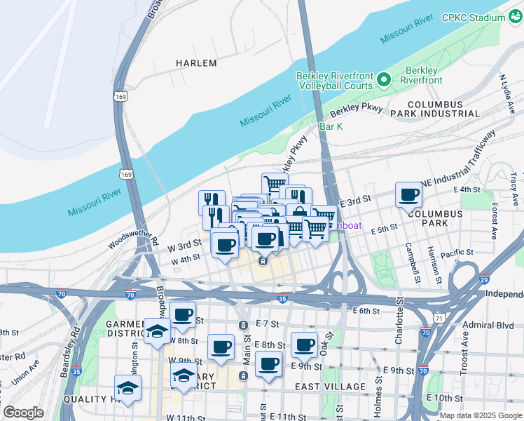 map of restaurants, bars, coffee shops, grocery stores, and more near 207 Walnut Street in Kansas City
