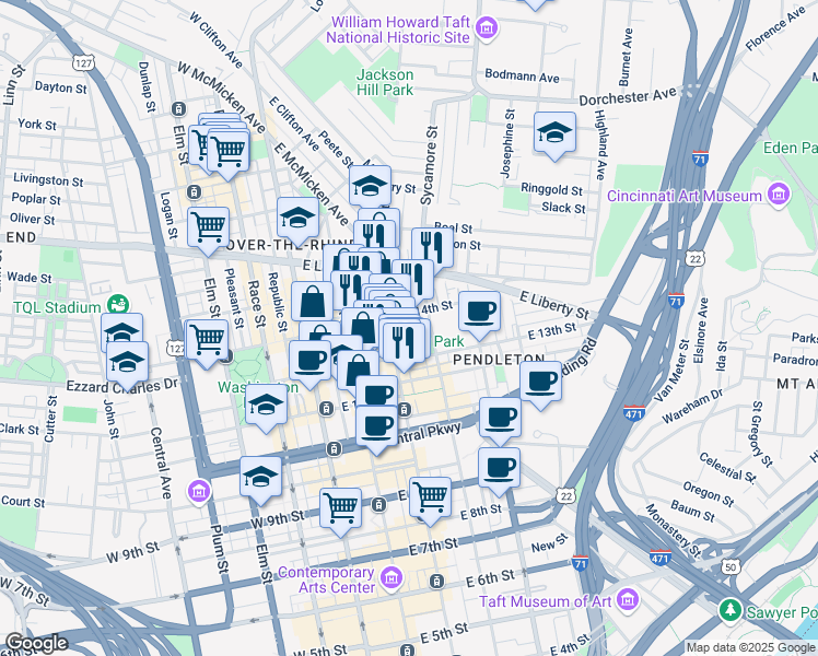 map of restaurants, bars, coffee shops, grocery stores, and more near 216 Woodward Street in Cincinnati