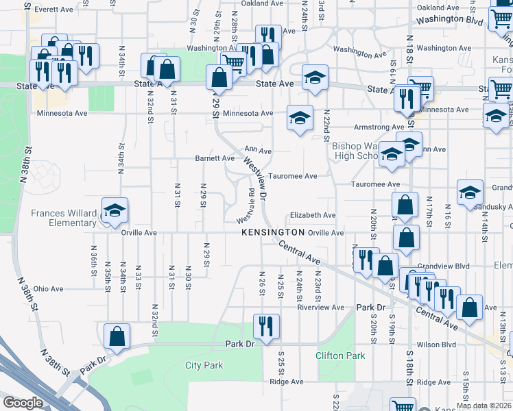 map of restaurants, bars, coffee shops, grocery stores, and more near 543 Westvale Road in Kansas City