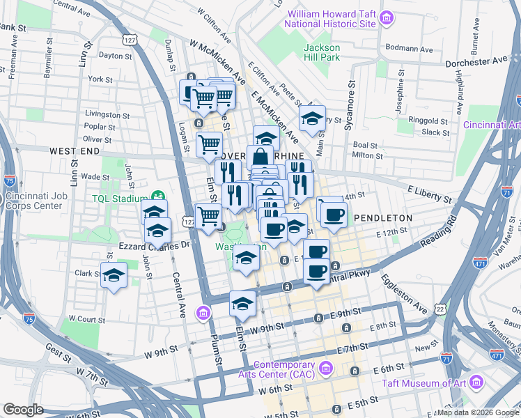 map of restaurants, bars, coffee shops, grocery stores, and more near 1412 Republic Street in Cincinnati