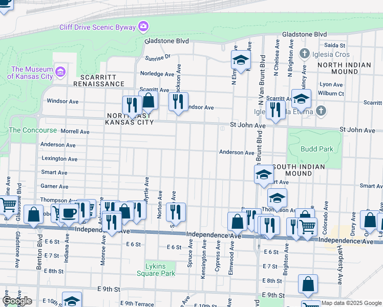map of restaurants, bars, coffee shops, grocery stores, and more near 4301 Anderson Avenue in Kansas City