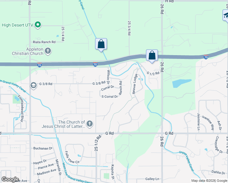 map of restaurants, bars, coffee shops, grocery stores, and more near 2563 Corral Drive in Grand Junction