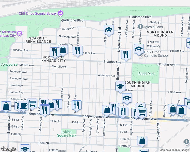 map of restaurants, bars, coffee shops, grocery stores, and more near 301 Kensington Avenue in Kansas City