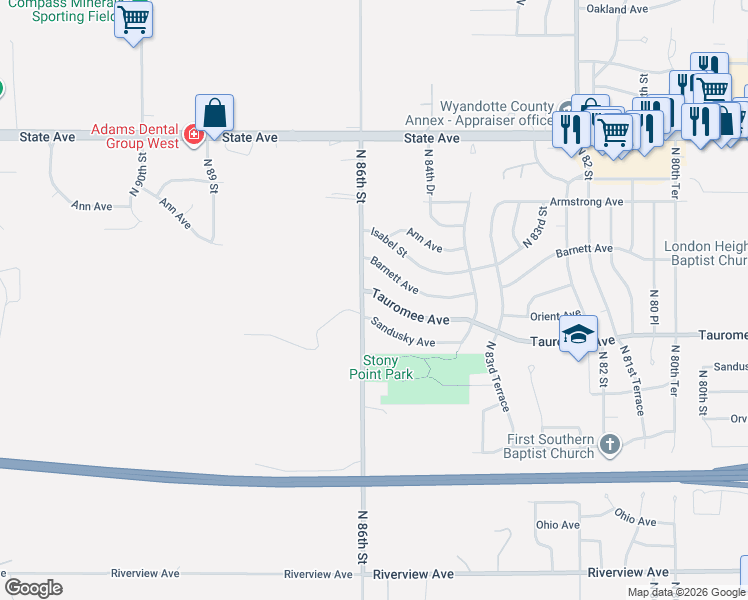 map of restaurants, bars, coffee shops, grocery stores, and more near 8555 Tauromee Avenue in Kansas City