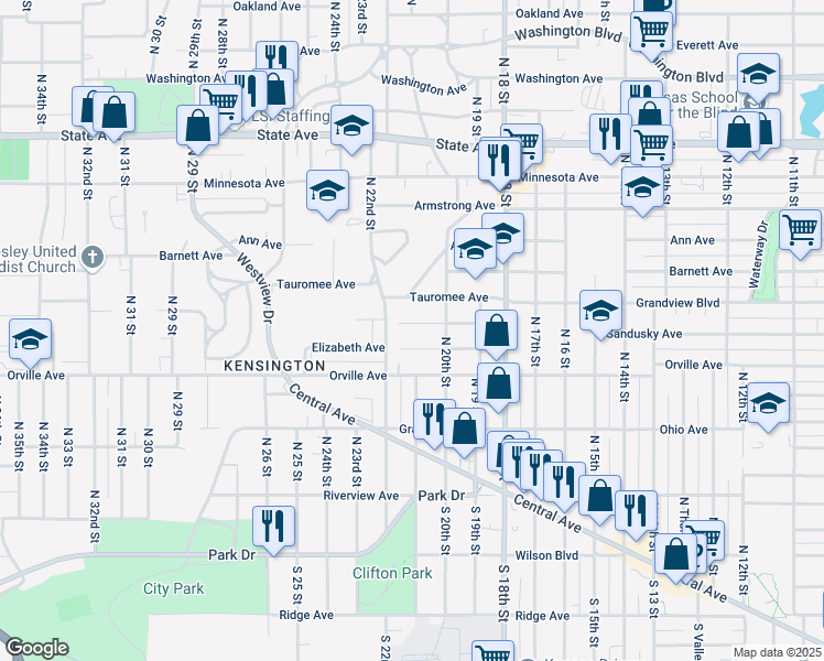 map of restaurants, bars, coffee shops, grocery stores, and more near 2025 Sandusky Avenue in Kansas City