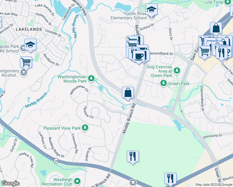 map of restaurants, bars, coffee shops, grocery stores, and more near 1055 Hillside Lake Terrace in Gaithersburg