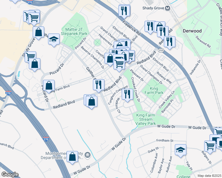 map of restaurants, bars, coffee shops, grocery stores, and more near 520 Redland Boulevard in Rockville