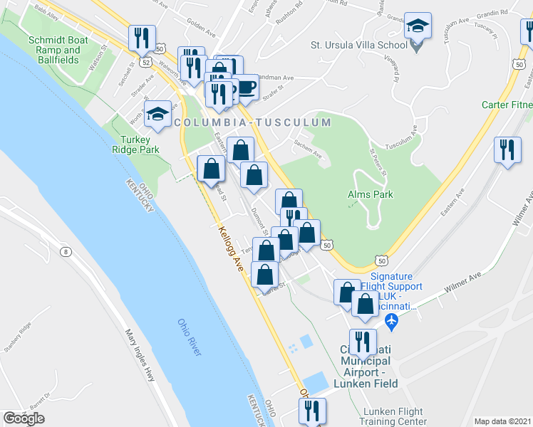 map of restaurants, bars, coffee shops, grocery stores, and more near 3833 Eastern Avenue in Cincinnati
