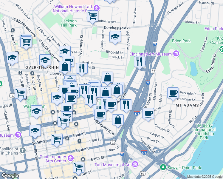 map of restaurants, bars, coffee shops, grocery stores, and more near 532 East 13th Street in Cincinnati