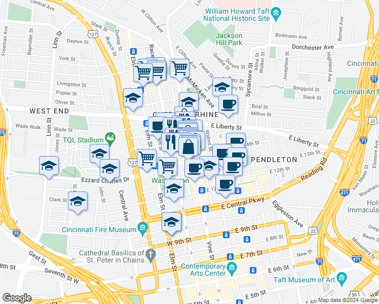 map of restaurants, bars, coffee shops, grocery stores, and more near 1412 Republic Street in Cincinnati