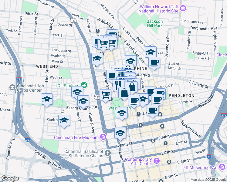 map of restaurants, bars, coffee shops, grocery stores, and more near 1419 Race Street in Cincinnati