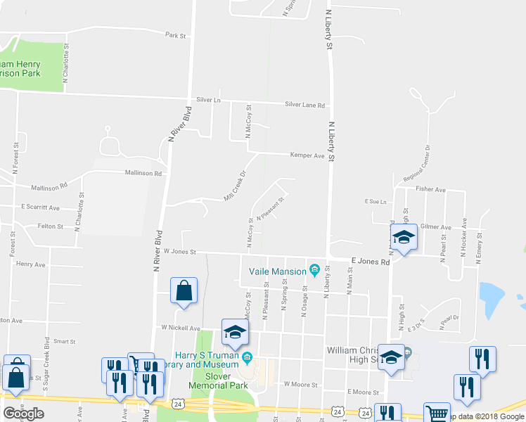 map of restaurants, bars, coffee shops, grocery stores, and more near 1711 North McCoy Street in Independence
