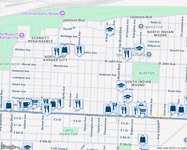 map of restaurants, bars, coffee shops, grocery stores, and more near 301 Kensington Avenue in Kansas City