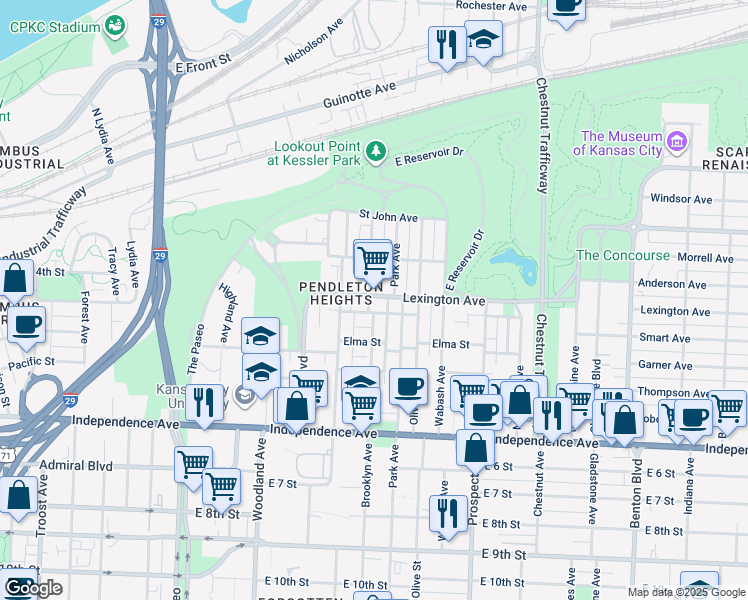 map of restaurants, bars, coffee shops, grocery stores, and more near 2201 Lexington Avenue in Kansas City