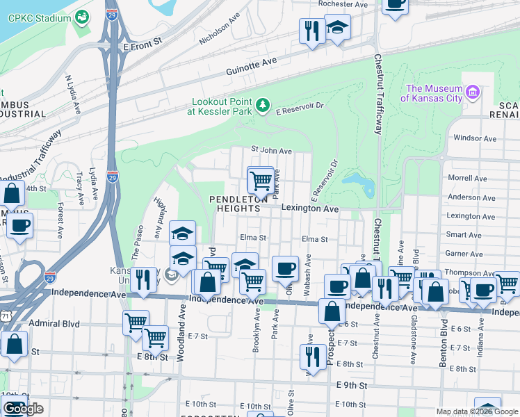map of restaurants, bars, coffee shops, grocery stores, and more near 2201 Lexington Avenue in Kansas City