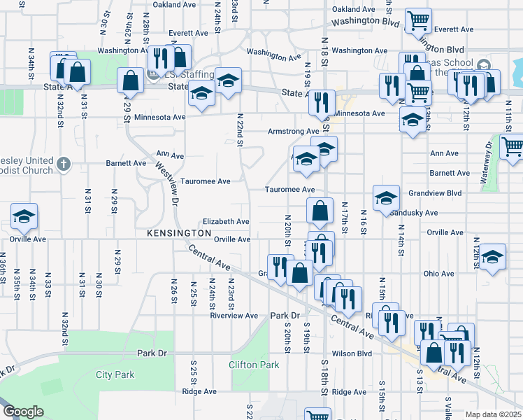 map of restaurants, bars, coffee shops, grocery stores, and more near 2025 Sandusky Avenue in Kansas City