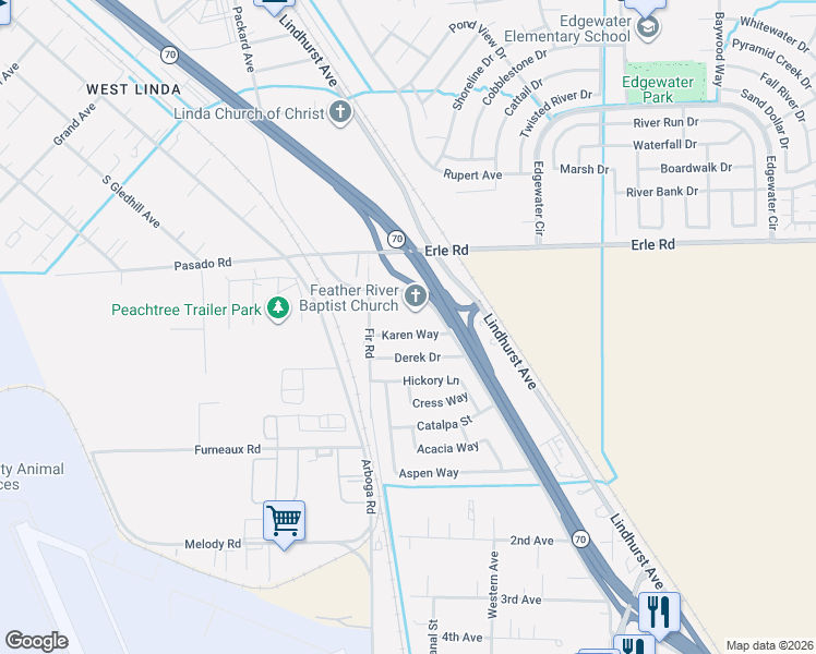 map of restaurants, bars, coffee shops, grocery stores, and more near 1539 Karen Way in Olivehurst