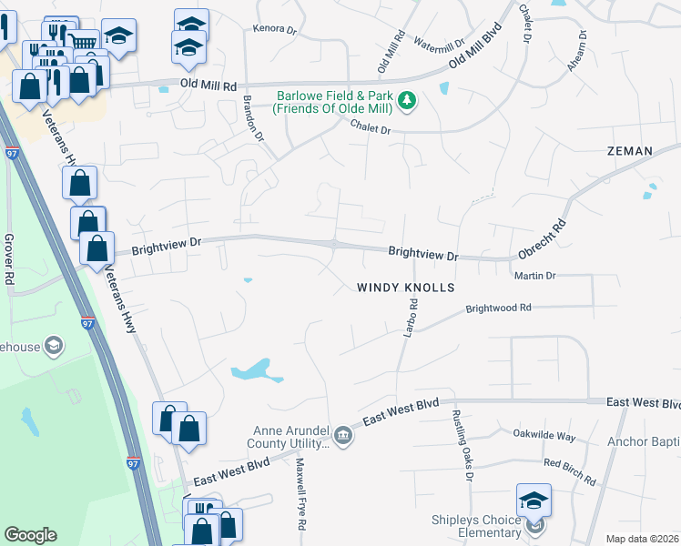 map of restaurants, bars, coffee shops, grocery stores, and more near 510 Bingham Court in Millersville