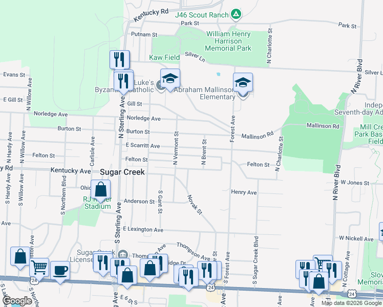 map of restaurants, bars, coffee shops, grocery stores, and more near 11524 Hackett Street in Sugar Creek
