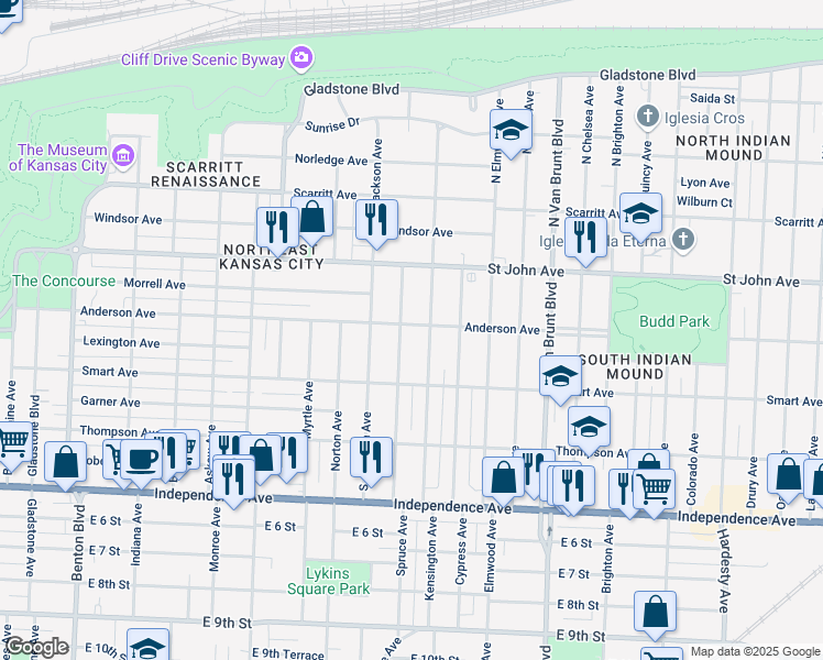 map of restaurants, bars, coffee shops, grocery stores, and more near 4301 Anderson Avenue in Kansas City