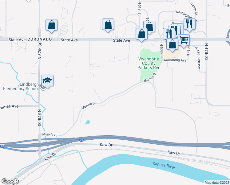 map of restaurants, bars, coffee shops, grocery stores, and more near 5228 Muncie Drive in Kansas City