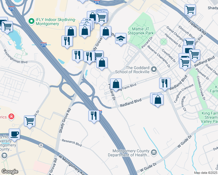 map of restaurants, bars, coffee shops, grocery stores, and more near 1506 Piccard Drive in Rockville