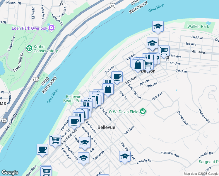 map of restaurants, bars, coffee shops, grocery stores, and more near 215 5th Ave in Dayton
