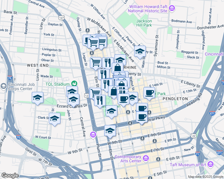 map of restaurants, bars, coffee shops, grocery stores, and more near 1420 Race Street in Cincinnati