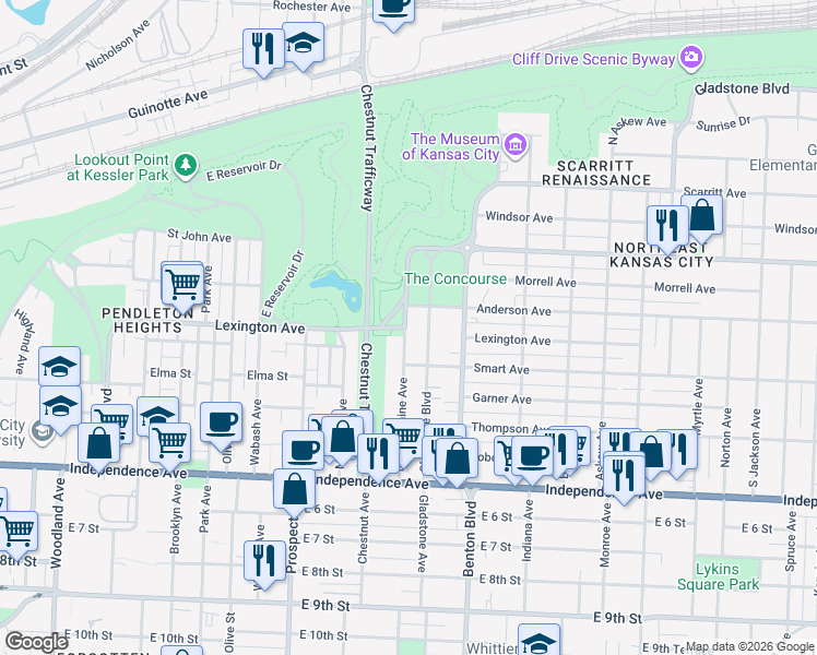 map of restaurants, bars, coffee shops, grocery stores, and more near 311 Bellefontaine Avenue in Kansas City
