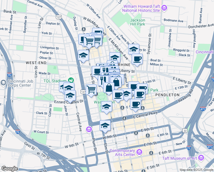 map of restaurants, bars, coffee shops, grocery stores, and more near 1420 Race Street in Cincinnati