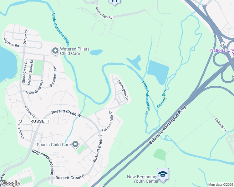 map of restaurants, bars, coffee shops, grocery stores, and more near 3231 Purple Leaf Lane in Laurel