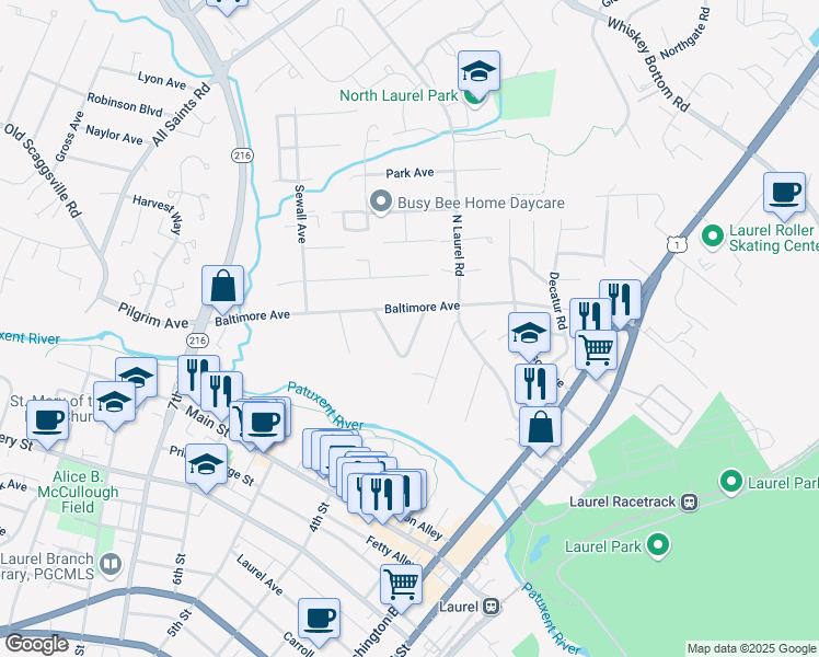 map of restaurants, bars, coffee shops, grocery stores, and more near 9514 Haddaway Place in Laurel