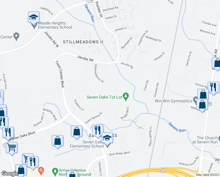 map of restaurants, bars, coffee shops, grocery stores, and more near 1842 Robin Court in Severn