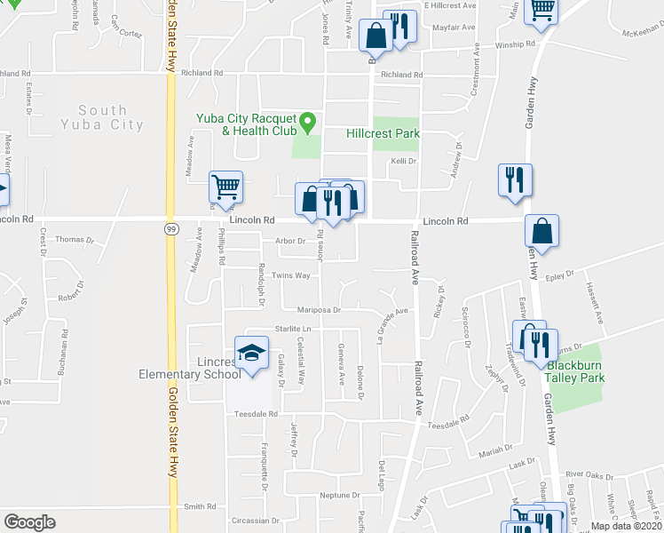 map of restaurants, bars, coffee shops, grocery stores, and more near 1090 Gilliland Drive in Yuba City