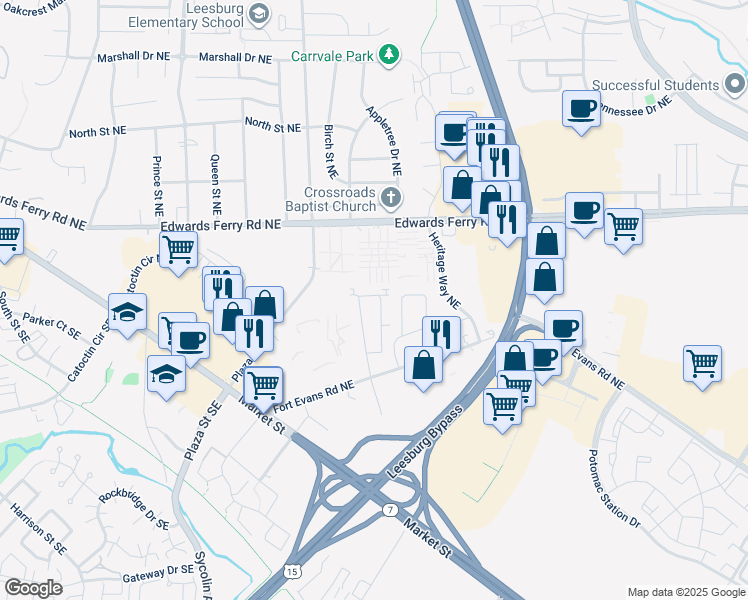 map of restaurants, bars, coffee shops, grocery stores, and more near 194 Meadows Lane Northeast in Leesburg
