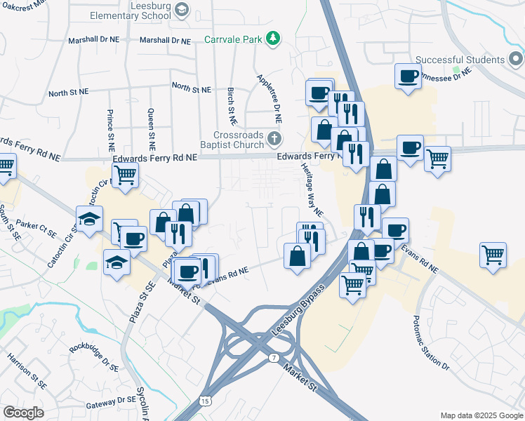 map of restaurants, bars, coffee shops, grocery stores, and more near 194 Meadows Lane Northeast in Leesburg