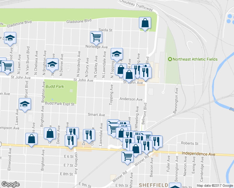 map of restaurants, bars, coffee shops, grocery stores, and more near 128 Bellaire Avenue in Kansas City