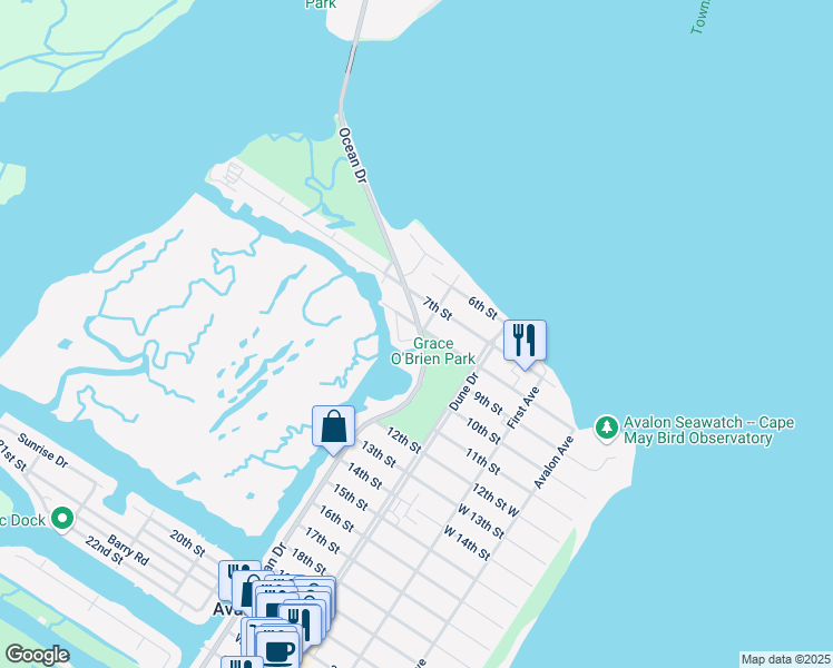 map of restaurants, bars, coffee shops, grocery stores, and more near 902 Ocean Drive in Avalon
