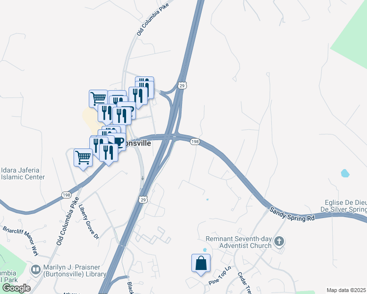 map of restaurants, bars, coffee shops, grocery stores, and more near 4009 Sandy Spring Road in Burtonsville