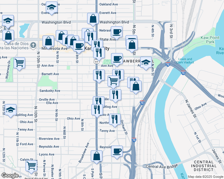 map of restaurants, bars, coffee shops, grocery stores, and more near 613 Sandusky Avenue in Kansas City