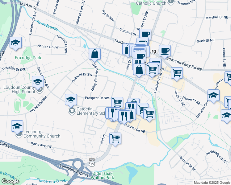 map of restaurants, bars, coffee shops, grocery stores, and more near 120 Prospect Drive Southwest in Leesburg