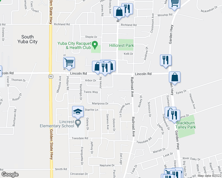 map of restaurants, bars, coffee shops, grocery stores, and more near 1064 Gilliland Drive in Yuba City