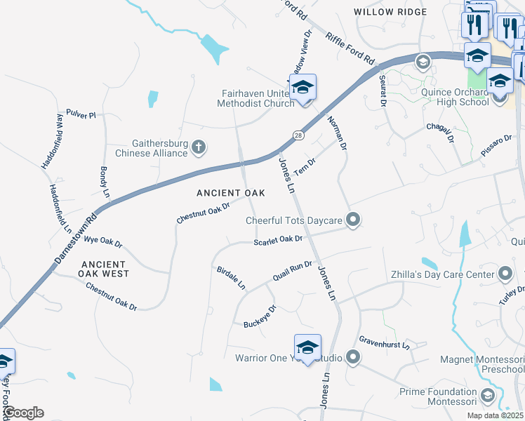 map of restaurants, bars, coffee shops, grocery stores, and more near 15613 Ancient Oak Drive in Gaithersburg