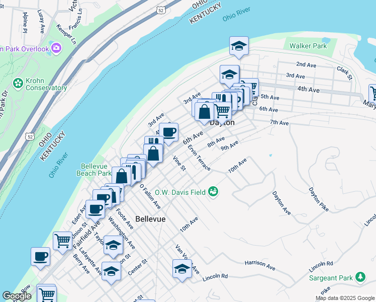 map of restaurants, bars, coffee shops, grocery stores, and more near 702 Ervin Terrace in Dayton