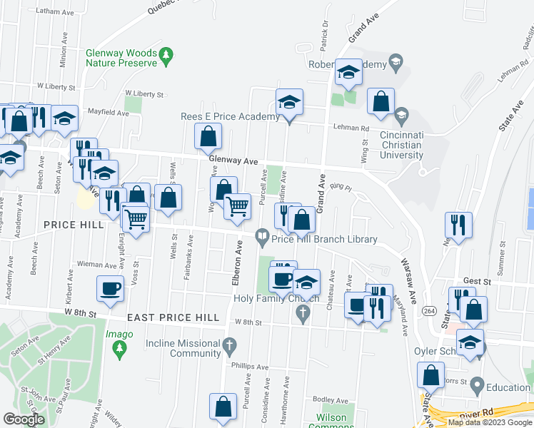 map of restaurants, bars, coffee shops, grocery stores, and more near 1026 Purcell Avenue in Cincinnati