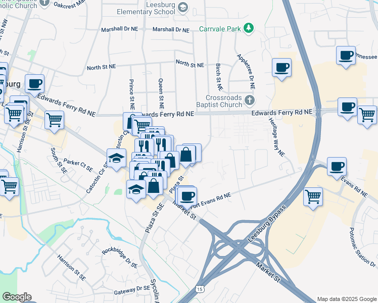 map of restaurants, bars, coffee shops, grocery stores, and more near 65 Plaza Street Northeast in Leesburg