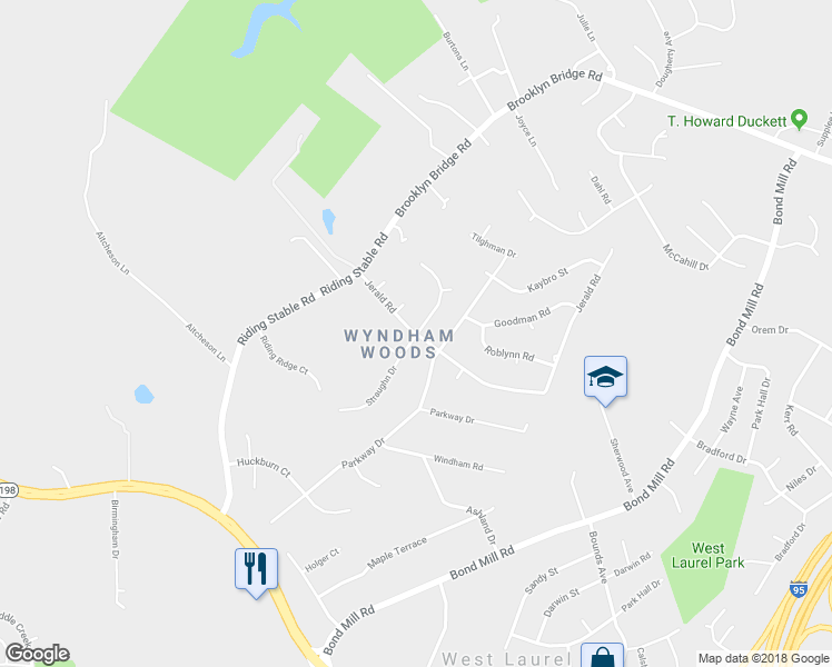 map of restaurants, bars, coffee shops, grocery stores, and more near Jerald Rd & Straughn Dr in West Laurel